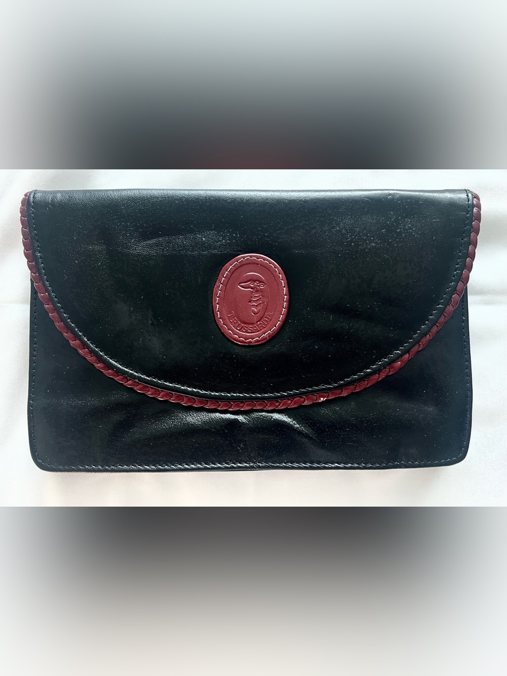 Vintage Trussardi Leather Clutch Black Burgundy Braided Made in Italy